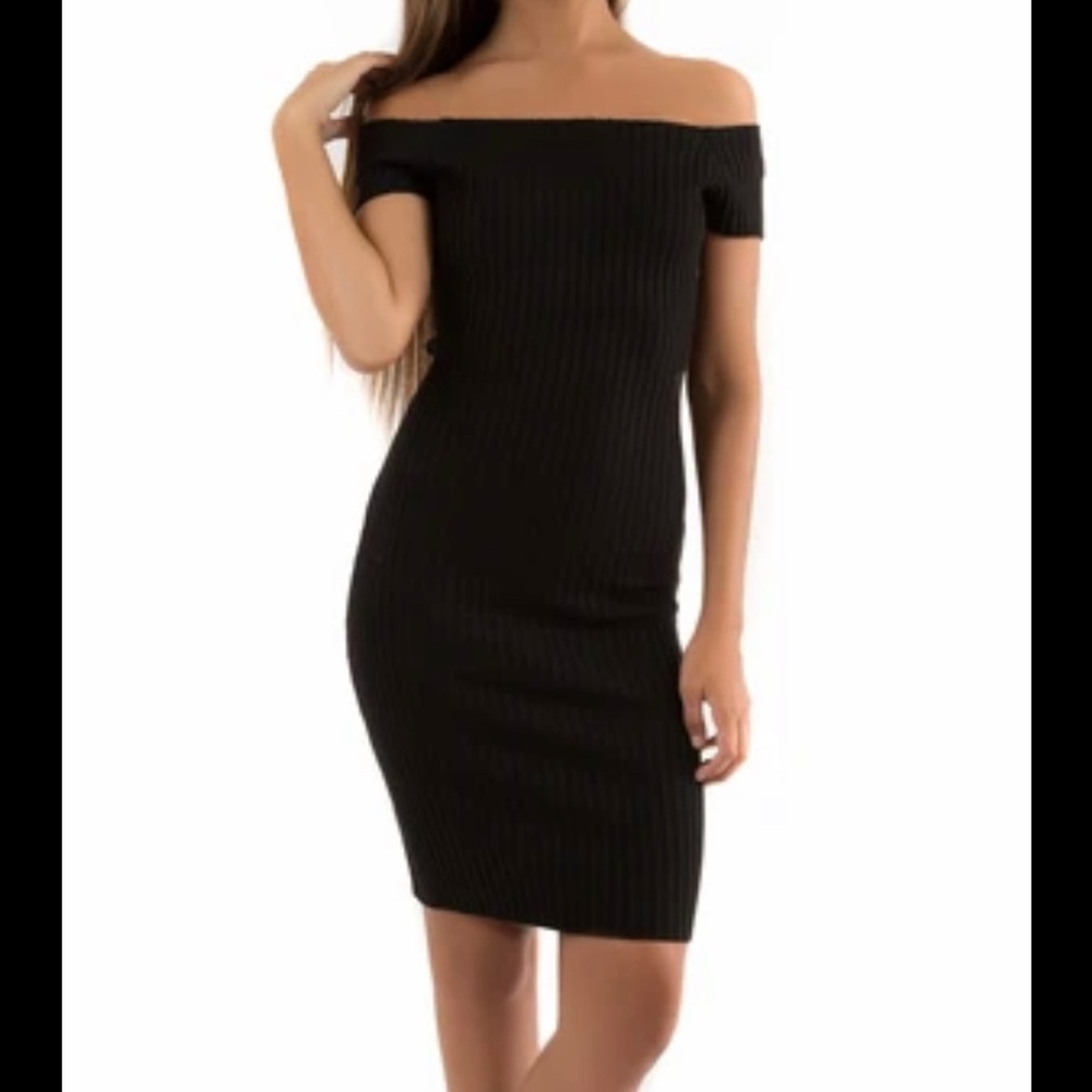 Ribbed Knit Off the Shoulder MIDI Dress